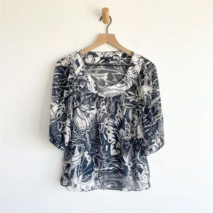 Banana Republic Women's Sheer Silk Lightweight Top Blouse Floral Blue Medium